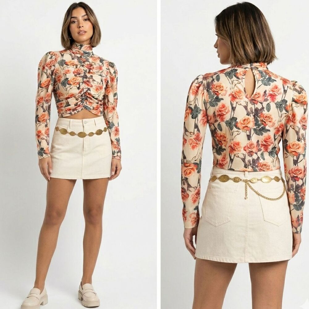 PrettyLittleThing Blouse Women's Size 8 Beige Orange Floral Ruched Casual
